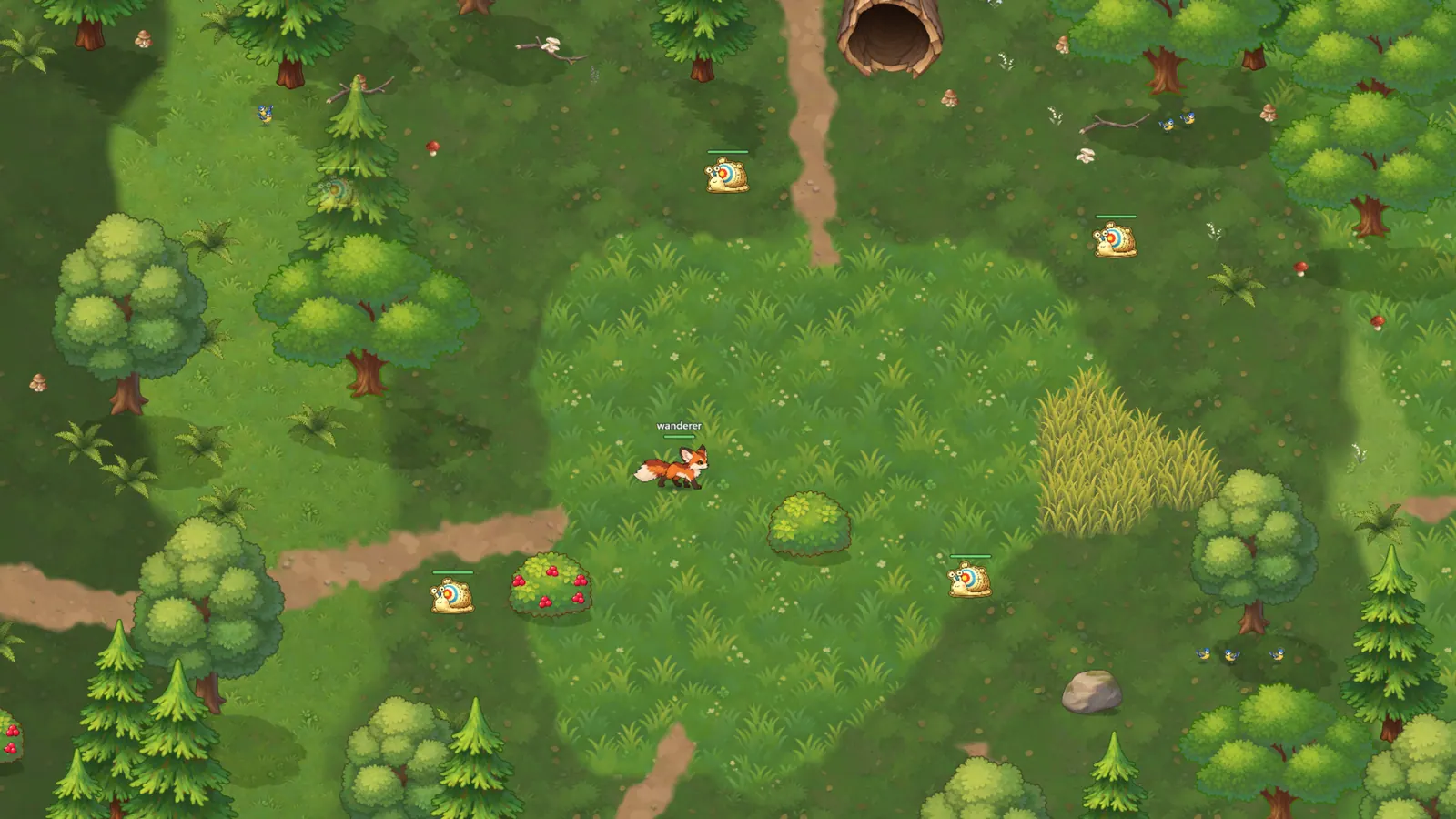 The Central Forest: a meadow among tall pines and round trees, a hollow log, and snails and a fox going about their day