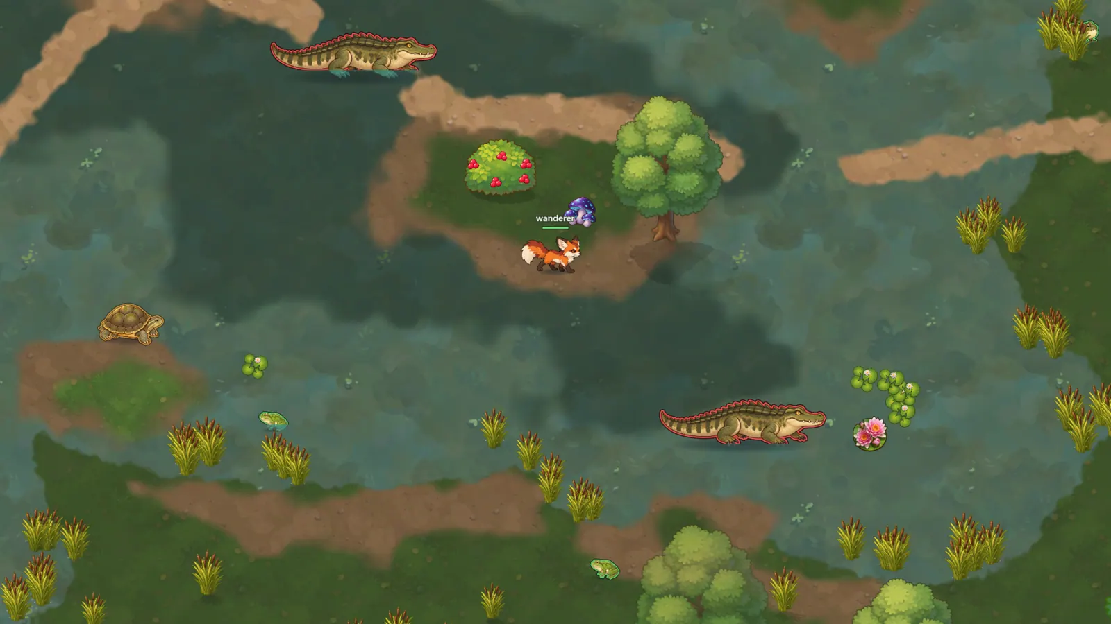 The Whispering Swamp: dark water around a small island, with two crocodiles, a turtle and a frog among the lily pads and reeds